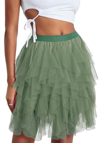 Damen Tüllrock Kurzer Tüll Petticoat Unterrock High Waist A-Linie Tutu Rock Minirock Faschingskostüme Tütü Rock für Halloween Fasching Karneval Kostüm Party (Grün, ONE Size)