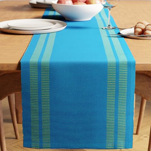Encasa XO Dining Table Runner 32x150 cm | Yarn Dyed Fine Ribbed Cotton | Ladder Turq Blue | For Dining Table Fall Decoration, Holiday & Christmas Festivals - Machine Washable