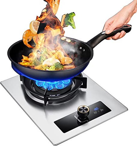 GAROEN Portable Gas Stove 1 Burner, 7.0KW 9 Cavity Timed High Fire, Stainless Steel Countertop Cast Iron Pot Rack (NG)