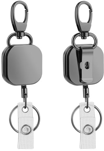 2 Pièces Porte-Badge Enrouleur Métallique, Porte-Clés Rétractable avec Câble Acier 68 cm, Crochet à Ressort, Clip Ceinture, Porte Clef Enrouleur pour Clés et Cartes