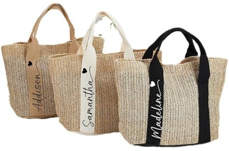 Shangyue Sacs de plage en paille personnalisés pour femmes, sac de paille personnalisé avec nom, sac à main tissé pour demoiselle d'honneur, noir
