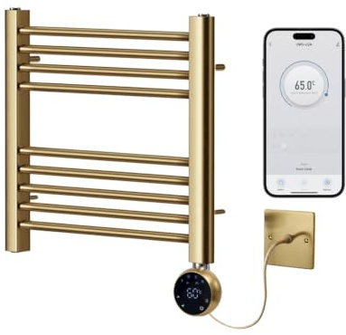 Greened House Brushed Brass Electric WiFi Towel Rail 400mm W x 600mm H | Smart WiFi Controlled, Heated, Flat Design, 7 Day Programming, App Compatibility