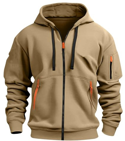 Aulemen Hoodie Herren mit Reißverschluss Langarm Sweatjacke Männer Mehrere Taschen Slim Fit Zip Kapuzenpullover für Alltag & Sport Khaki-3XL