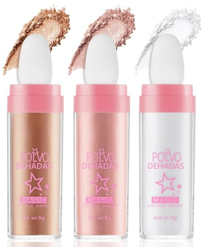 Autmor Highlighter Puder Makeup, Glitzer Stift für Gesicht & Körper, Natürlicher Glow, Langanhaltend, Highlighting Stick or Polvo De Hadas Highlighter für Contouring & Lidschatten (Three Colors)