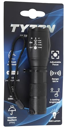 TYZON LED-Stablampe 300 Lumen, Zoom-Fokus verstellbar, 50–100 m Reichweite, spritzwassergeschützt, Aluminiumgehäuse, 5 Modi (Hoch/Mittel/Niedrig/Stroboskop/SOS), für 3×AAA Batterien