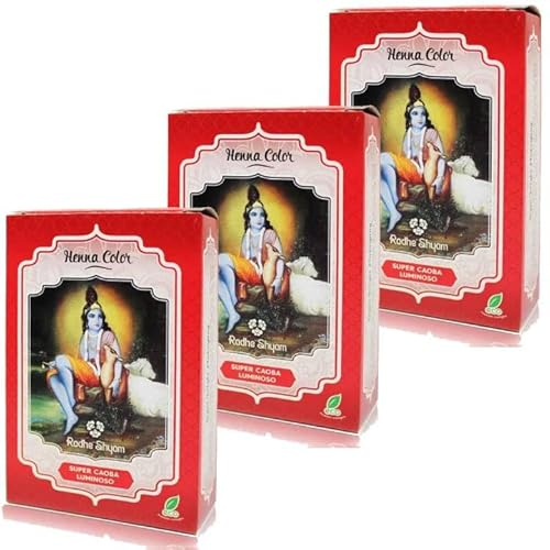 Pack 3 x Radhe Shyam Henna Super Caoba Luminoso 100 g – Coloración vegetal en polvo, tono caoba brillante, sin amoníaco ni PPD, sin sales metálicas, aplicación fácil en casa