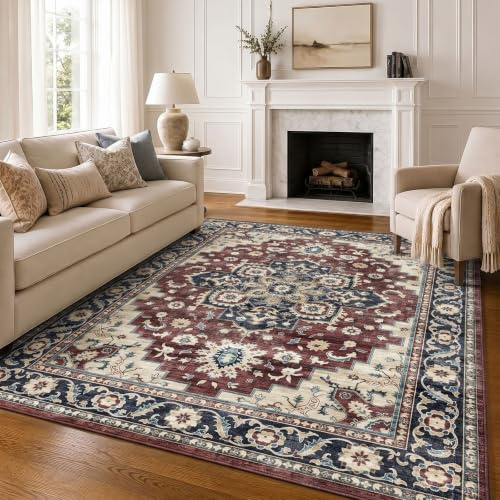 Homaxy Vintage Teppich Wohnzimmer Waschbarer 120x160 cm, Retro Rot/Beige | Kurzflor Rutschfest Groß Teppiche Boho Weich Carpet für Schlafzimmer, Kinderzimmer, Küche