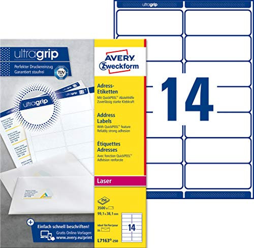 AVERY Zweckform L7163-250 Adressetiketten/Adressaufkleber (3.500 Etiketten mit ultragrip, 99,1x38,1mm auf A4, bedruckbar, selbstklebend, für DIN lang Briefkuverts, Papier matt) 250 Blatt, weiß