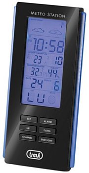 Trevi ME 3108 RC Stazione Meteo con Sensore Esterno, Display Retroilluminato a LED Blu, Termometro Interno Esterno, Igrometro e Funzione Sveglia, Nero