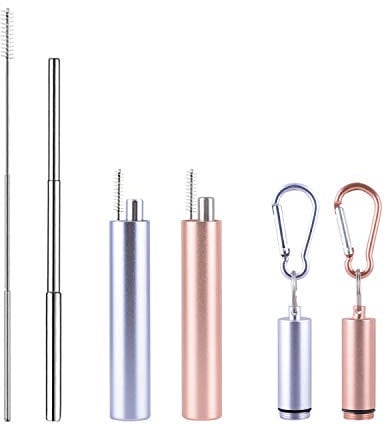 Wolfteeth 2 Pack Pailles Métalliques Télescopiques Réutilisables, Paille à Boire Pliante en Acier Inoxydable Pliable avec étui en métal portable, Brosse de nettoyage télescopique,Argent & Champagne Or
