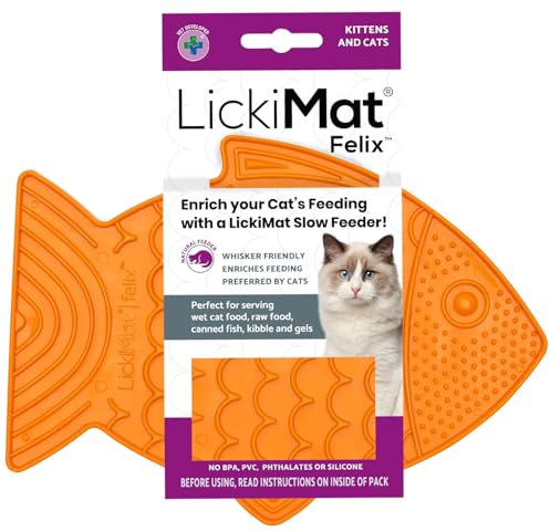 LickiMat Felix, Fish-Shaped Cat Slow Feeders for Feline Boredom and Anxiety Reduction; Perfect for Food, Treats and Anxiety Reduction, Orange