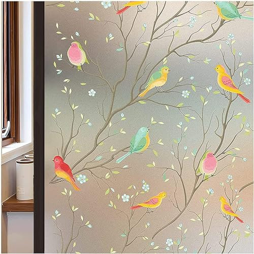 Lifetree Film statique non adhésif pour fenêtre, pour maison et bureau - 44,5 x 400 cm, motif d’oiseaux, effet givré