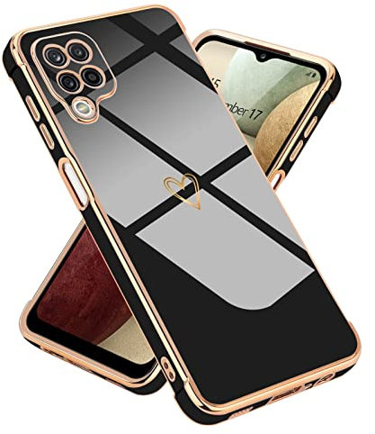 Micoden Kompatibel mit Samsung Galaxy A12 Hülle,Samsung Galaxy M12 Cute Herz Mädchen Weich Silikon Galvanisierte Handyhülle Ultra Dünn Stoßfeste Schutzhülle Bumper Case für Samsung A12/M12,Schwarz