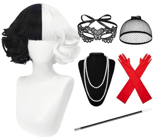 Cruella Kostüm Damen,Halloween Kostüm Damen,70er Jahre Accessoires,Kurz Schwarz Weiß Cosplay Perücken mit Pony,Spitze Maske,Handschuhe Halskette Set,für Karneval,Fasching,Mottoparty