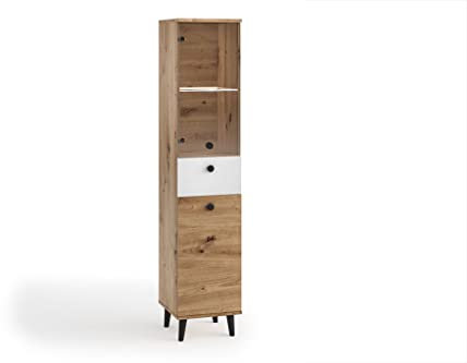 MargaretHadas24 Vitrine Vicktoria V Glas Schrank Schränke Regal Holz Möbel Wohnzimmer Glastür mit Holzbeine Standvitrine Eiche Artisan schwarz weiß