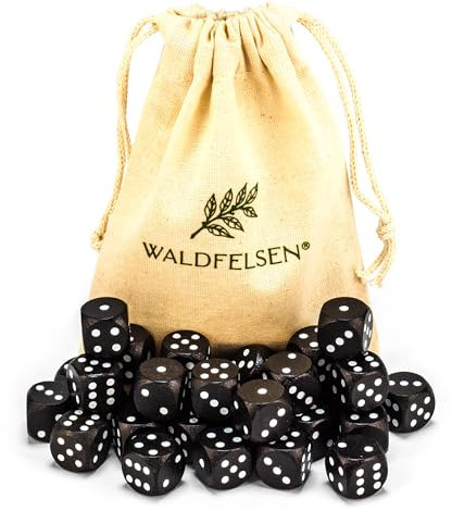 Waldfelsen® 6, 12, 20, 30 o 50 dadi in legno di faggio di alta qualità in vero legno di faggio di Waldfelsen®, cubi da gioco in legno, cubi standard da 16 mm, con sacchetto di stoffa (nero, 30 pezzi)