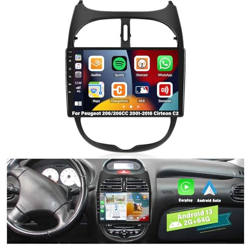 CAMECHO 2G+64G Android 13 Autoradio für Peugeot 206/206CC 2001-2016 Cirteon C2, 9 Bildschirm Autoradio-Wireless Apple Carplay Android Auto GPS WiFi Bluetooth FM RD USB SWC+Rückfahrkamera