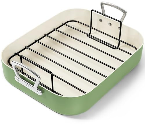 MICHELANGELO Roasting Pan with Rack, Non Stick Ceramic Roasting Pan for Oven and Induction, Turkey Roaster Pan with Stainless Steel Rack, 15 Inch x 13 Inch（38cm x 33cm x 7.6cm） - Green