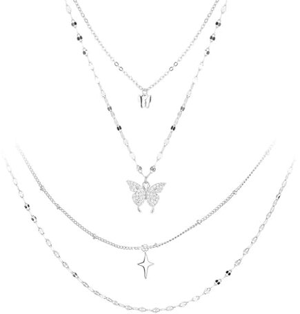 Forhandy 2 Stück Kette Damen, Layered Halskette Damen Silber Ketten mit Anhänger Schmetterling, Necklace Women Zarte Kette Choker Modeschmuck für Frauen und Mädchen