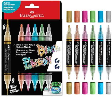 Faber-Castell 285517 Black Edition Shake & Paint Acrylic Markers, Set of 6 Metallic-Colored Markers, Double Tip 3mm & 1mm, Waterproof, Multi-Surface Acrylic Markers for Adults, Vivid Long Lasting