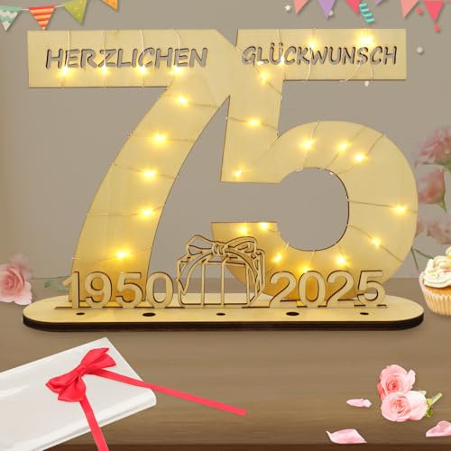 Seutgjie Deko 75 Geburtstag Frau Mann, Geldgeschenke Geburtstag 75 Originelle Holz Schild Gästebuch mit LED Lichterkette für Männer Frauen Jubiläum Tischdeko 1950-2025
