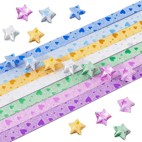 SUNNYCLUE 560 Blatt 7 Farben Glücksstern Papierstreifen Glänzendes Großes Stern Faltpapier Bunt Glitzernd Liebessterne Origami Blau Silber Gelb Grün Lila Herzmusterpapier Zum Basteln DIY Kunstprojekt