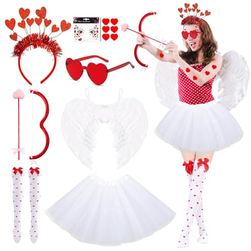 Amor Kostüm Set Damen Mit Tüllrock Engelsflügel Cupid Pfeil Und Bogen Herzbrille Herz Haarreif Gesichtsaufkleber Strumpfhose Aufkleber Romantische Amor Kostüme Accessoires Für Valentinstag Karneval