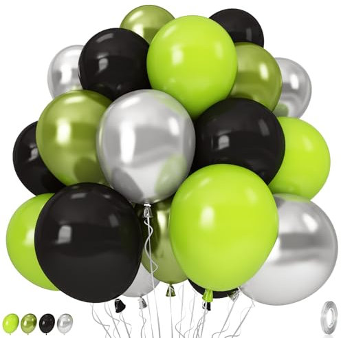 Green and Black Balloons, 35PCS Lime Green Black Silver Balloons, Gamer Latex Balloon for Boys Men Football Video Game On Level Favor Theme Jungle Theme Graduation Birthday Party Decorations Supplies