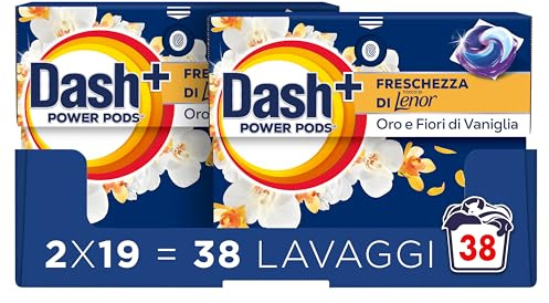 Dash Power Pods Detersivo Lavatrice In Capsule, 19 Lavaggi, Freschezza Di Lenor, Oro e Fiori di Vaniglia, Freschezza che dura 7 Giorni, Pulizia Impeccabile (Confezione da 2)