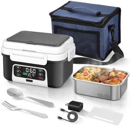Jradse Lunch Box Riscaldato, Lunch Box Riscaldato Intelligente da 1.5L con Touchscreen, Lunch Box Riscaldato Wireless con Piatti in Acciaio Inox e Borsa Termica, Ideale per l'Ufficio/Viaggi/Campeggio