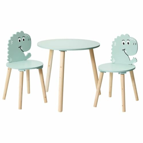 HowHomely Kindermöbel Set Kindertisch Kinderstuhl Dino Motiv grün Tisch 2 Stühle Kinder Sitzgruppe Spieltisch Set MDF Holz stabil