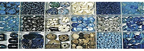 RAYHER HOBBY Rayher Glasperlen-Sortierung, Box 240 g, Farb- und Größenmix, verschiedene Formen in Türkis/Blau/Beige/Silber-Tönen, Perlen zum Auffädeln, 14115392