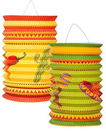Boland 54403 - Papierlaternen Fiesta, 2 Stück, Größe 16 cm, 2 Motive sortiert, Mehrfarbig, Mexiko, Kaktus, Sombrero, Lampion, Hängedekoration, Geburtstag, Gartenparty, Strandparty, Mottoparty