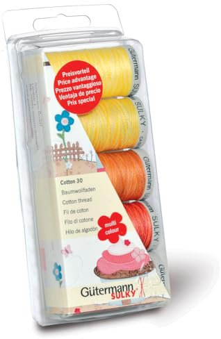 Gutermann Embroidery 30 - Set di fili da cucito, per macchina da cucire, 100% cotone, blu/verde Giallo/rosso