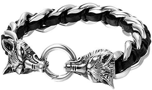 OIDEA Herren Armband Wolf aus Leder Edelstahl: Doppel Wolfskopf Panzerkette Geflochtenes Lederarmband Armkette Punk Rock Handgelenk Armreif Schmuck Geschenk für Männer Jungen