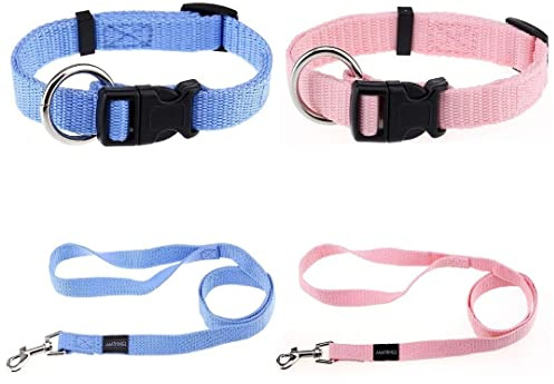 Welpen Set (Puppy Set) Von Amathings Welpenhalsbänder und Leine in Hellblau und Hellrosa Welpenhalsbänder & Leine
