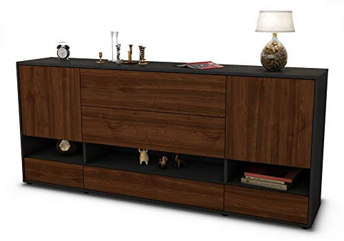 Stil.Zeit Sideboard Florentina, Korpus anthrazit matt, Front Holz-Design Walnuss (180x79x35cm) Push-to-Open Technik & Leichtlaufschienen