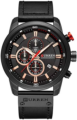 Herren-Armbanduhr mit Lederband, klassisch, lässig, Edelstahl, wasserdicht, Chronograph, Datum, analog, Quarzuhr, Schwarz, Schwarz, Sportlich