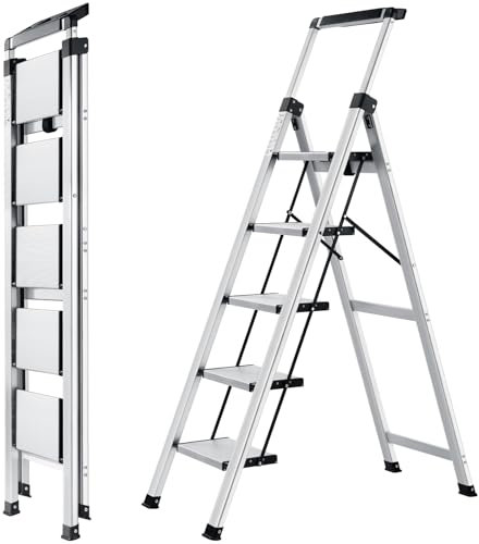 XinSunho Leiter mit 5 Stufen, einziehbarer Handgriff, klappbarer Tritthocker mit rutschfestem breitem Pedal, Aluminiumhocker, Leiter 5 Stufen, 150 kg Sicherheitsleiter für den Haushalt