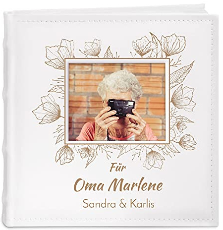Maverton Einsteckalbum mit Gravur, Fotoalbum für 200 Fotos 10x15cm | 100 Seiten, Weiß, Geburtstagsgeschenk für Damen, Blumen