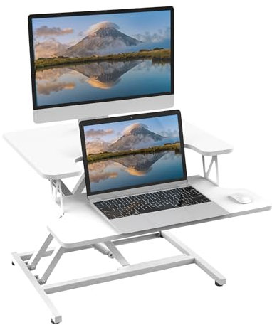 ERGOMAKER Steh-Sitz Schreibtischaufsatz Höhenverstellbar, Stehpult Aufsatz Schreibtisch 55 X 40CM Desktop Erhöhung mit Tastaturablage Weiß