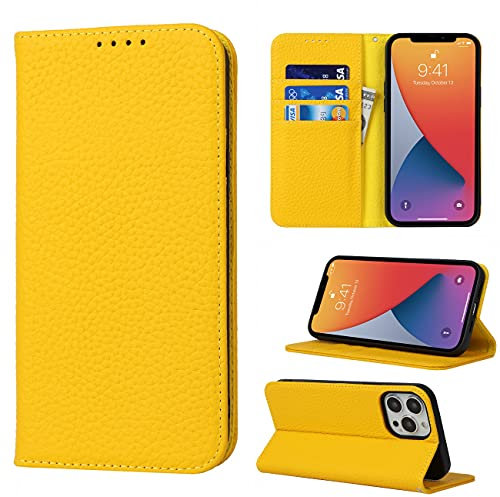 Copmob Phone Case iPhone 13 Pro Max,Flip Genuine Leather Wallet Case,[4 Slots][Magnetic closure][With Lanyard],Protective Cover Case for iPhone 13 Pro Max - Yellow