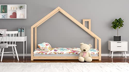 WNM Group Kinder Hausbett Claire - Kinderbett mit Lattenrost - Jugendbett für Mädchen und Junge - Kinderhaus Bett - Kiderbett für Jugendliche - Massivholz - Natürlich - 80 x 190 cm