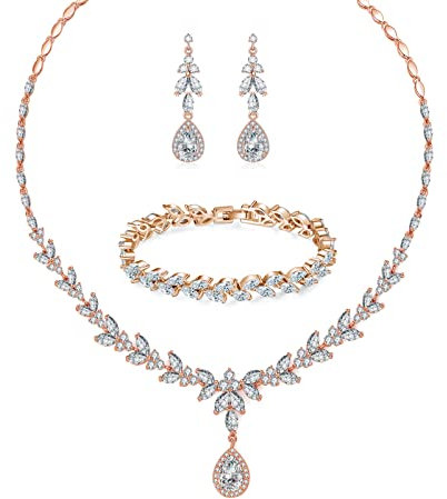 Zolkamery Braut Schmuckset, Rosegold Halskette & Armband & Ohrringe Hängend Set, Hochzeit Schmuckset Damen mit 5A Weiß zirkonia, Halskette Ohrhänger Armkette mit Schmuckbox für Verlobung Party