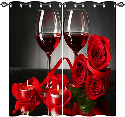 ANHOPE Wine Curtains Eyelet 80% Blackout Room Darkening Curtains with Romantic Love Red Rose and Wine Print Pattern Thermal Insulated Window Drapes for Bedroom Living Room 46 x 63 Inch Drop 2 Panels