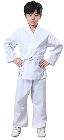 Karate Gi för barn och vuxna lätta studenter karate uniform set med bälte för kampsport träning, Vitt, 0