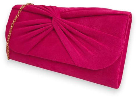 Suede Pleated Style Bridal Prom Wedding Evening Clutch Party Purse Hand Bag (Fuchsia Pink)