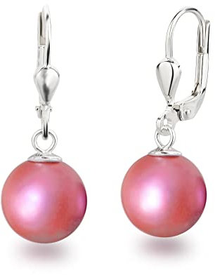 Schöner-SD Perlenohrringe 925 Silber Ohrhänger Perle hängend 10mm Mulberry Pink rose
