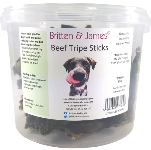 Beef Tripe Sticks for Dogs (500g tub) by Britten and James. A 100% Natural Dog Treat - Reduces Tartar and Bad Breath - Good for Teeth and Gums