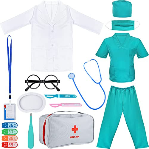 PLULON Kit Costume Dottore Bambini Cappotto Pantaloni Blu Scrub Top Vassoio Stetoscopio Realistico Bisturi Borsa Trasporto Accessori Set Giochi Finzione Ragazzi Ragazze Costumi feste Halloween